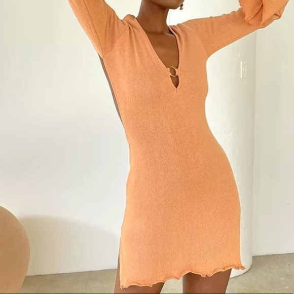 New! Babydoll Backless Sheer Salmon Mini W/Hardware Front Detail & Bell Sleeves - Picture 5 of 6